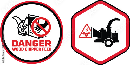 Foto Danger Wood Chipper Feed Sign and Machinery Safety Warning Vector Icons Set