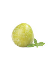 Fresh Green Plum with Mint Leaves Studio Shot on White Background