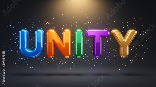 Unity word concept. 3D multicolor bold UNITY text on dark background. Diversity and inclusion business concept.