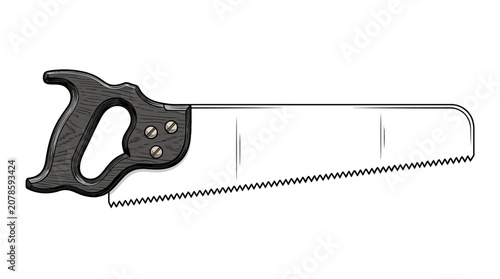 Konstfotografi Close-up of a sharp metal handsaw with ergonomic black handle and fine serrated teeth on white background
