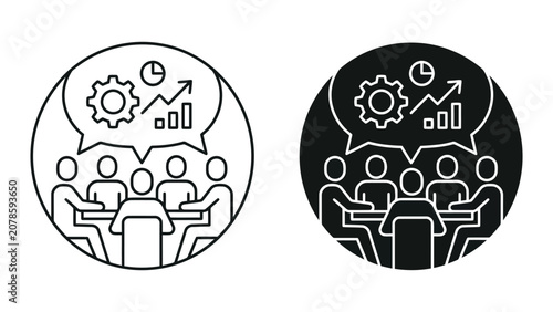 Business meeting strategy discussion icons set with business strategy teamwork