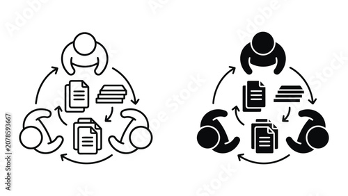 Collaborative team working with documents icons set collaboration documents