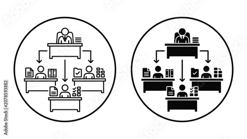 Organizational hierarchy chart icons featuring management structure and teamwork
