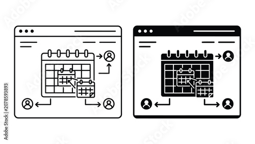 Calendar task scheduling and workflow management process icons with calendar