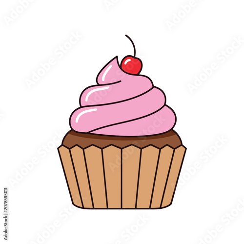 Delicious cupcake with pink frosting and cherry