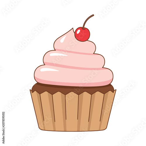 Delicious cupcake with pink frosting and cherry