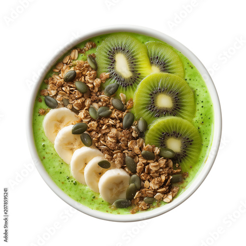 Healthy green smoothie bowl with kiwi, banana, granola, and pumpkin seeds isolated on transparent background