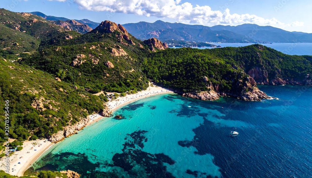 Fototapeta premium Turquoise cove with white beach and rugged green hills