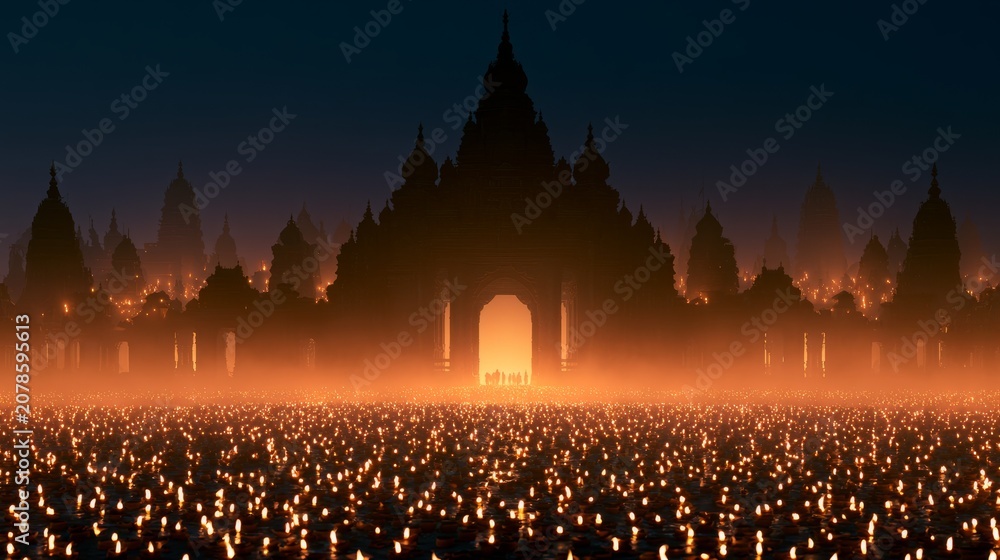 Obraz premium Ancient Temple Illuminated by Thousands of Floating Candles