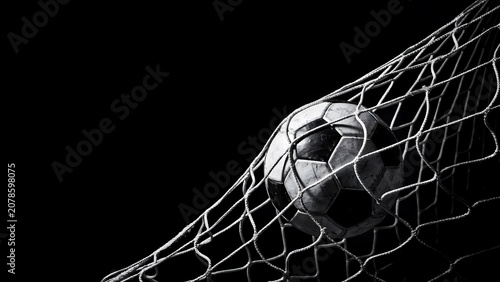 Soccer ball hitting the net with dramatic lighting on black background for football goal and victory concept