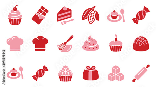 Foto Collection of sweet confectionery and baking icons in pink and red colors, representing desserts and treats
