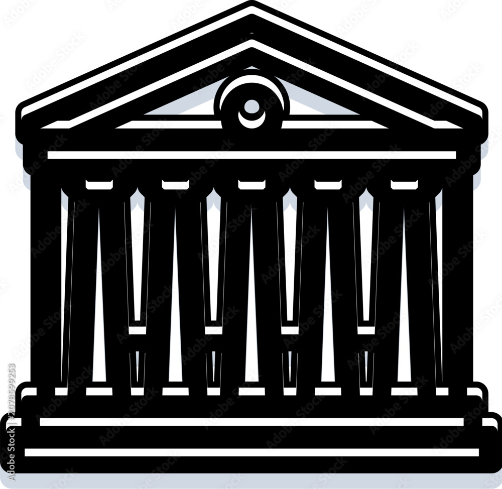 Obraz premium Neoclassical building facade icon abstracting a courthouse, bank, or museum with grand columns and a triangular pediment, symbolizing law, finance, and culture