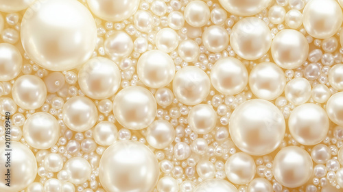 Top view of many white pearls of different sizes background