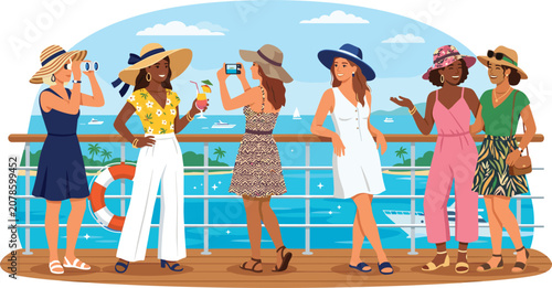 Photos Happy diverse women enjoying summer vacation on cruise ship deck, vector tropica