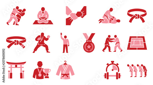 Fotografie Collection of stylized icons representing martial arts and combat sports, including judo, karate, and sumo