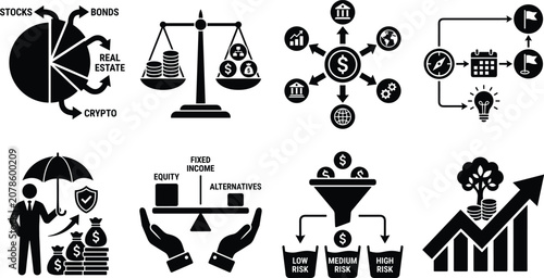 Financial investment portfolio and asset allocation black solid icon set for wealth management strategy