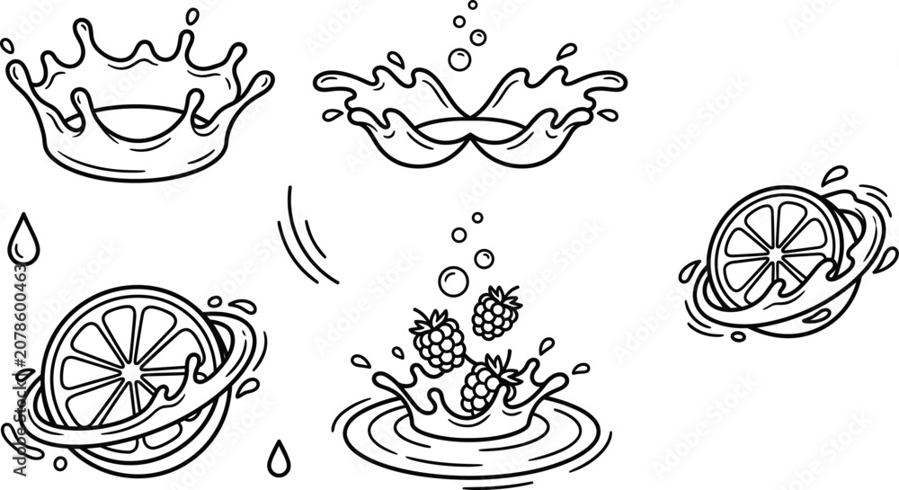 Fototapeta premium Liquid splash and fruit vector line art icon set featuring milk crown citrus slice and falling blackberries