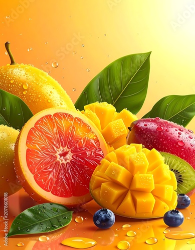 Vibrant arrangement of fresh sliced fruits on a gradient background