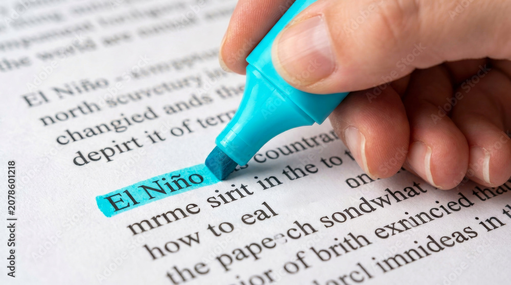Obraz premium El nino highlight word focus study climate change concept paper. Warming impact global. science meteorology earth, disaster global warming crisis, climate change storm, heat drought