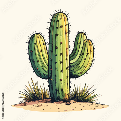 Illustration of a vibrant Saguaro cactus standing in desert sand.