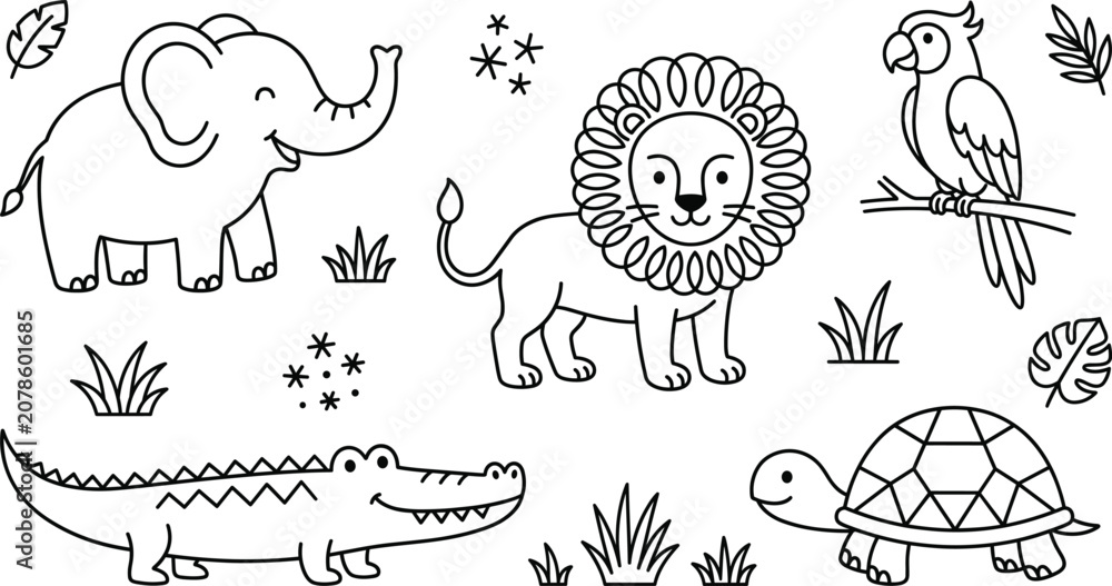 Obraz premium Jungle animal vector line art icon set featuring cute elephant lion parrot alligator crocodile and turtle