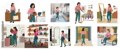 Foto Vector illustration set of a woman shopping for fashion, choosing accessories, a