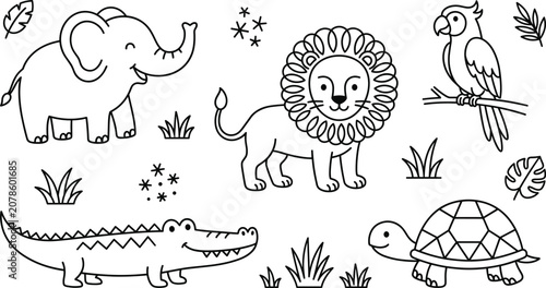 Jungle animal vector line art icon set featuring cute elephant lion parrot alligator crocodile and turtle