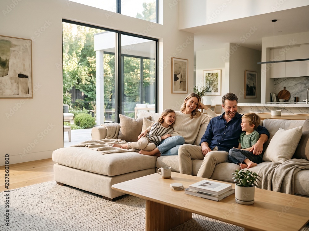Fototapeta premium Beautiful Family Lifestyle in Bright Open Concept House with Large Garden Windows