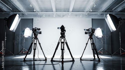 Professional video production studio with cameras lighting equipment and blank backdrop for filmmaking