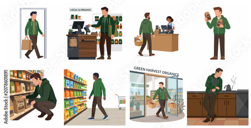 Tableau sur toile Flat vector illustration set of a man shopping for organic groceries, paying at a local store, and brewing coffee at home