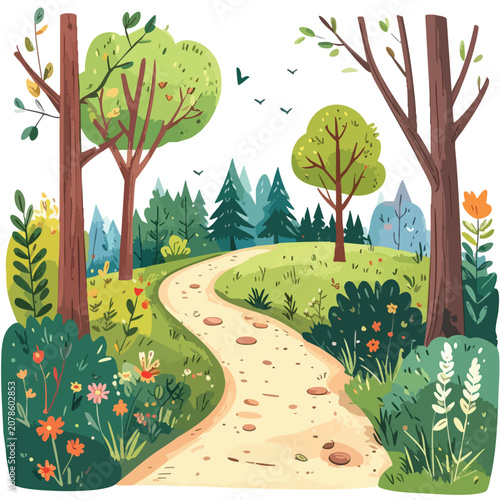 Watercolor Illustration of a Scenic Countryside Path Surrounded by Trees and Flowers.