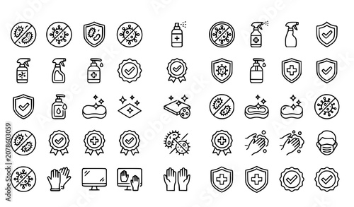 Foto Hygiene and disinfection line icon set featuring shield, spray bottle, hand sani