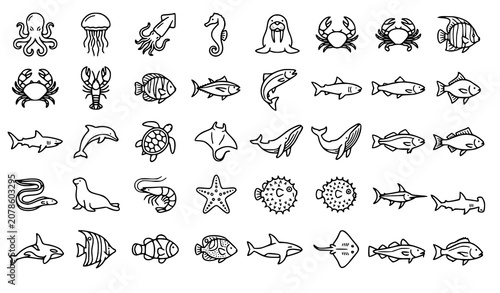 Foto Sea Creature and Fish Outline Icon Set with Jellyfish, Crab, Shark, Seahorse and