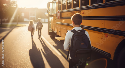 A young boy with a backpack stands by a school bus as two children walk towards it in the warm morning sunlight.