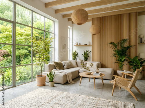 Modern living room interior with large windows and plants inside  natural light