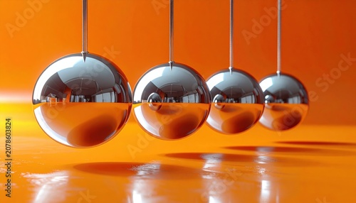Close up view of Newton Cradle metal balls demonstrating physics momentum