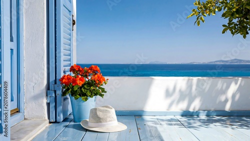White hat and vibrant flowers on seaside terrace with ocean view and summer vacation atmosphere