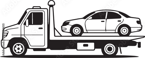 Fotografie MobileTow truck silhouette carrying sedan car in black roadside assistance icon