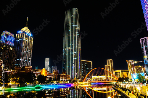 Tianjin Haihe River Night Skyline with Illuminated Bridge and Modern Architecture
