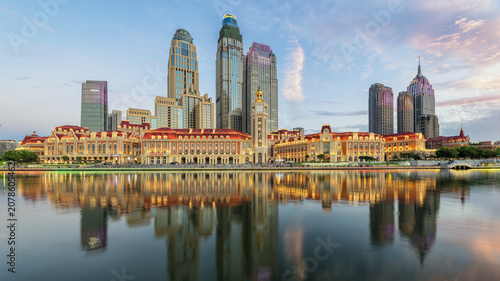 Canvas Print Tianjin Jinwan Square Skyline with Water Reflection at Dusk