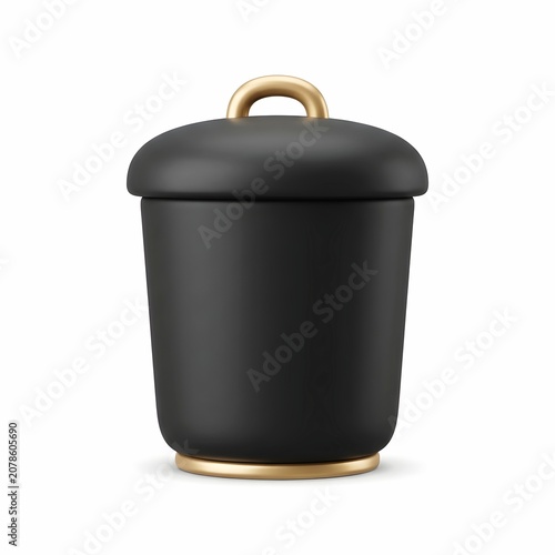 Luxury black trash can with elegant gold handle and base isolated on white background
