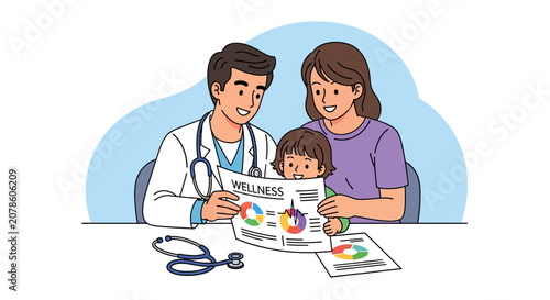 Doctor shows wellness report to mother and child.