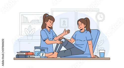 Physical therapist examining a patients knee during a rehabilitation session.