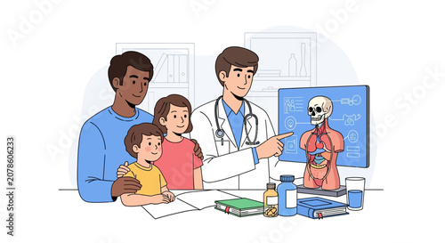 Doctor Explains Anatomy To Family With Child.