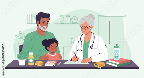 Doctor Consults With Patient And Child In Medical Office.