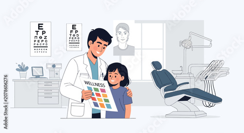 Dentist showing dental chart to young girl in examination room.