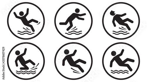 Schilderij op canvas Falling person warning signs in circular frames black silhouette