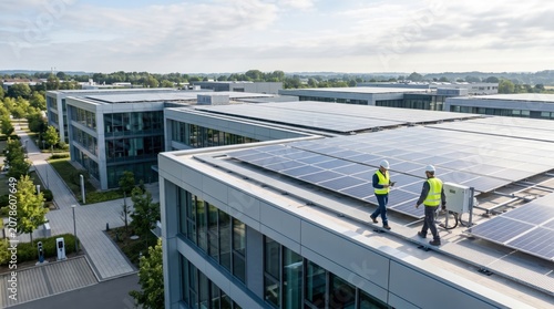 Engineers inspecting large solar panel array on modern office building rooftop, illustrating commercial photovoltaic system maintenance, facility management