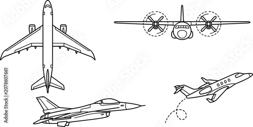 Foto Airplane vector line art icon set featuring commercial jet military fighter prop