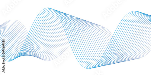 Foto Abstract blue wave pattern created from fine lines, flowing gracefully across a clean white background, suggesting movement and fluidity